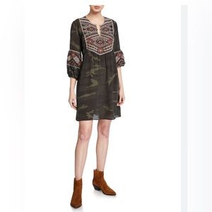 Johnny Was Molly Jo Paris Dress in Camo with embroidery. 3/4 sleeves. Size M